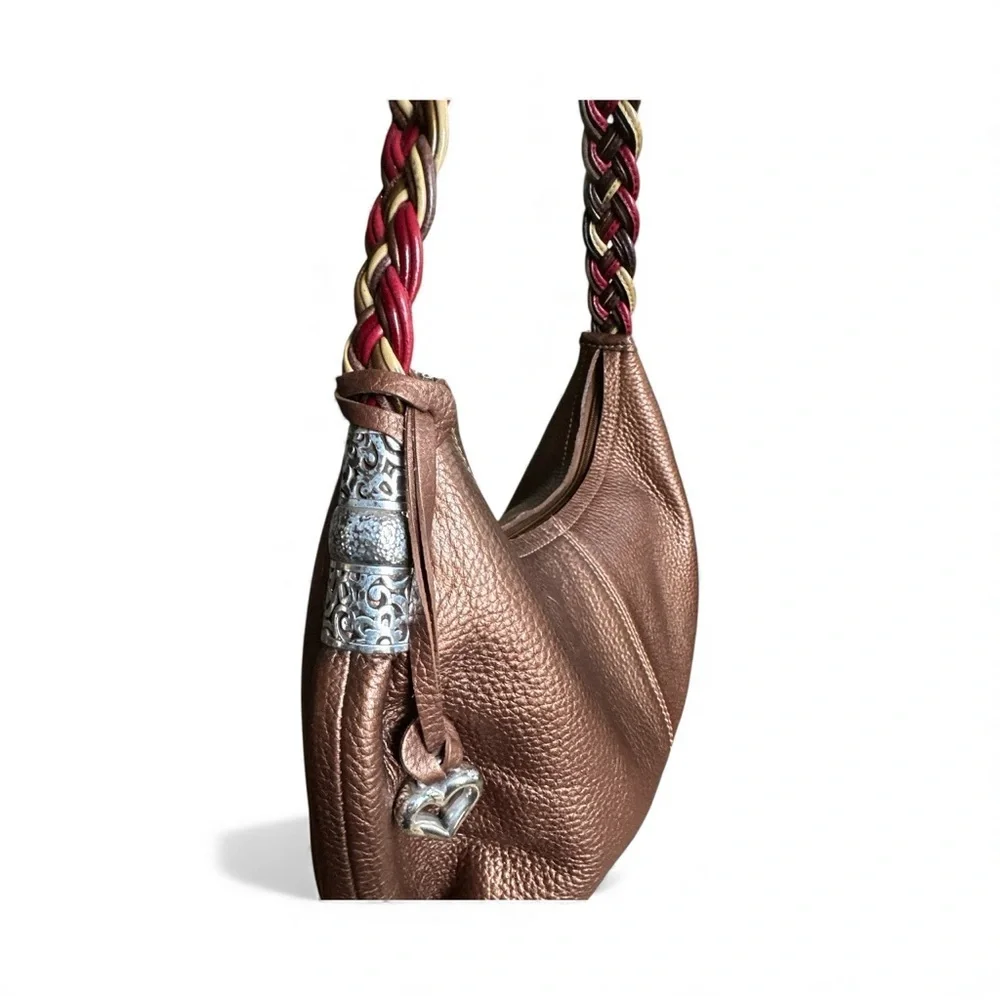 Brighton NWOT Braided Strap Pebbled Leather Hobo in Bronze with Heart Charm